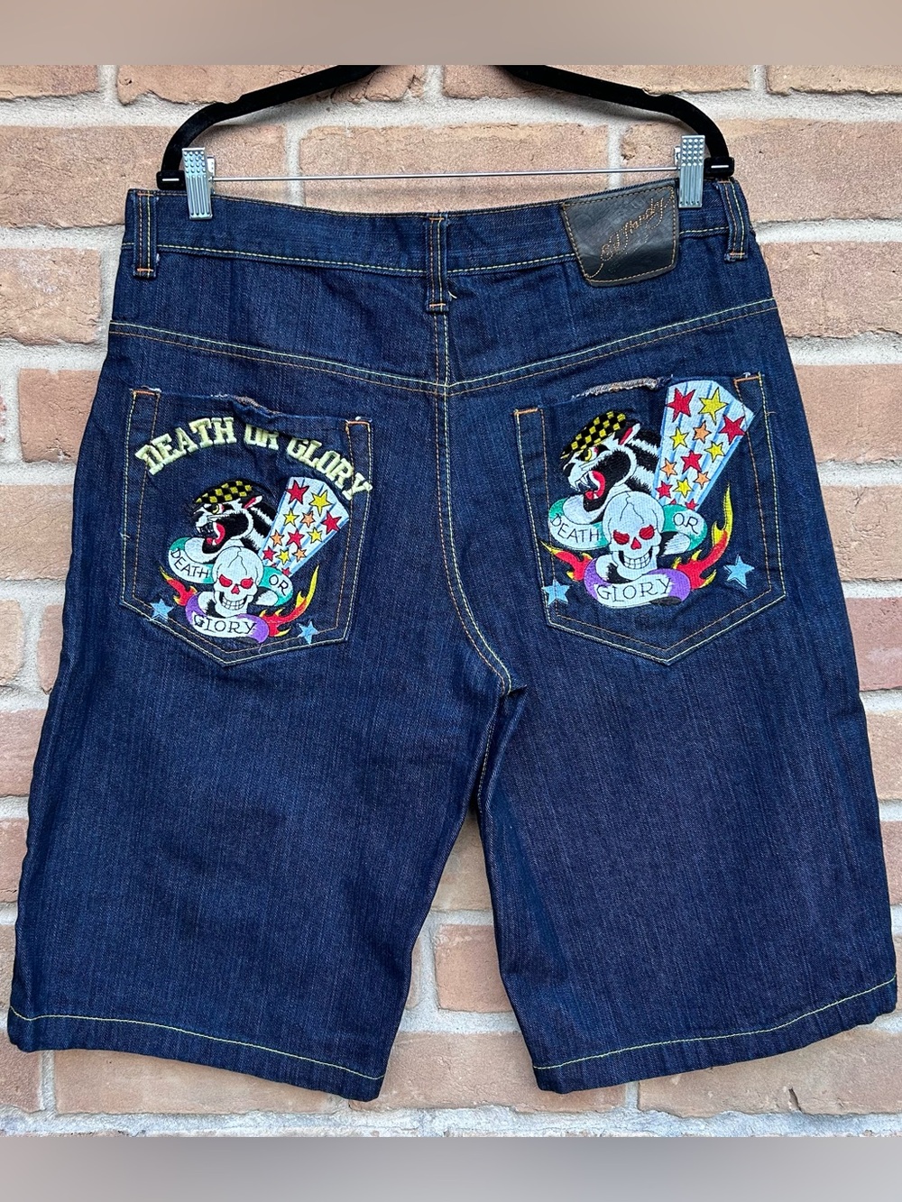 Vintage Ed Hardy “Death or Glory” Denim Shorts — Size 36 — Y2K Tattoo‑Core 🔥